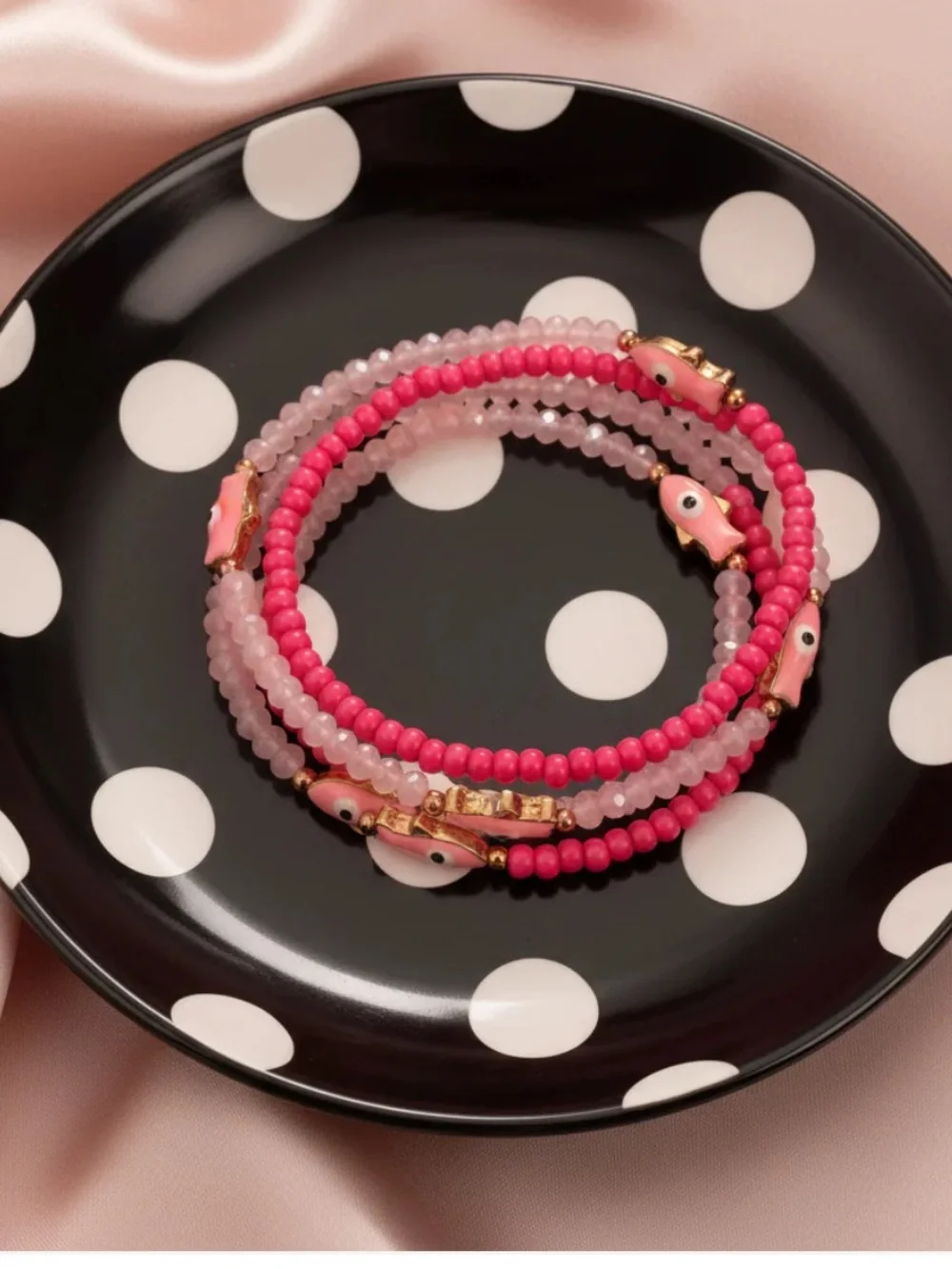 Pink Glass Elastic Bead Evil Eyes Bracelet Set